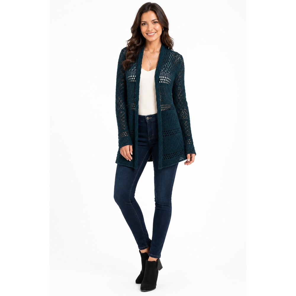 Wooden Ships Women's Open Front Crochet Knit Long Sleeve Boho Cardigan Sz Small